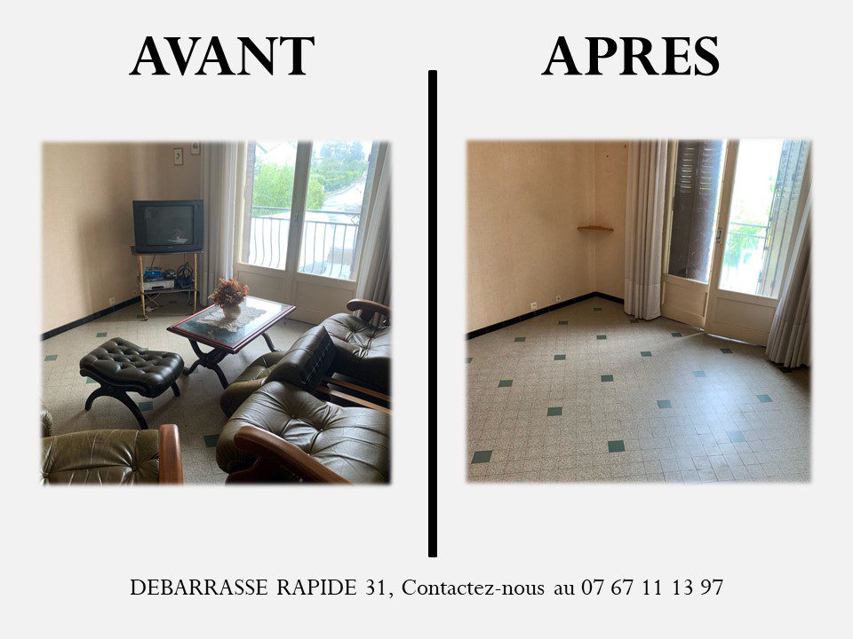 Salon plein puis salon vide une fois l'intervention de la société débarrasse rapide 31.