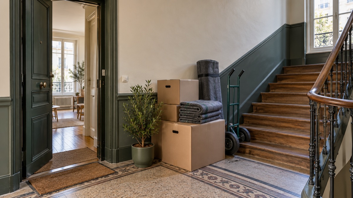 Cartons, couvertures et chariot préparés près d’un escalier