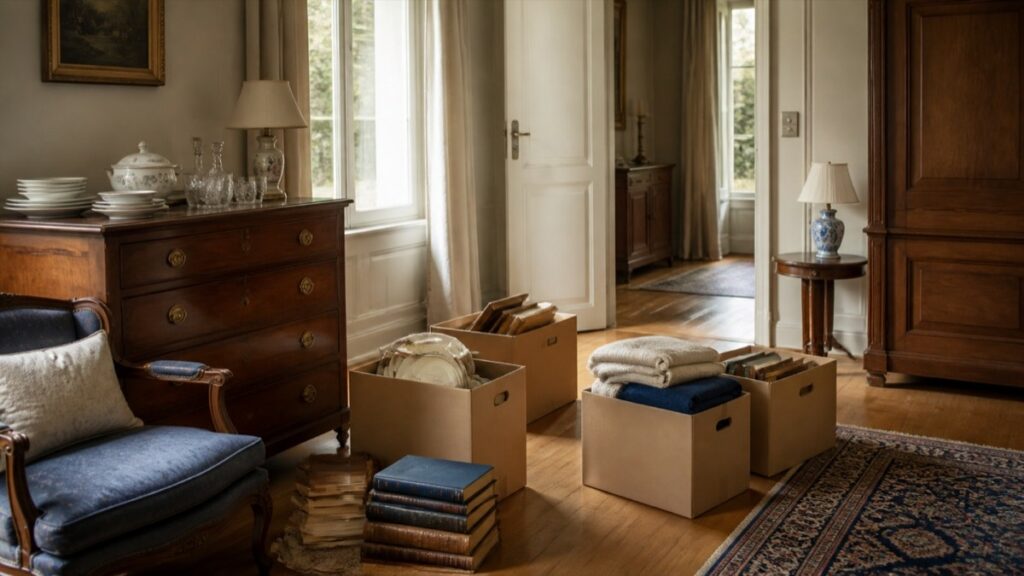 Maison familiale et objets préparés pour un débarras après succession