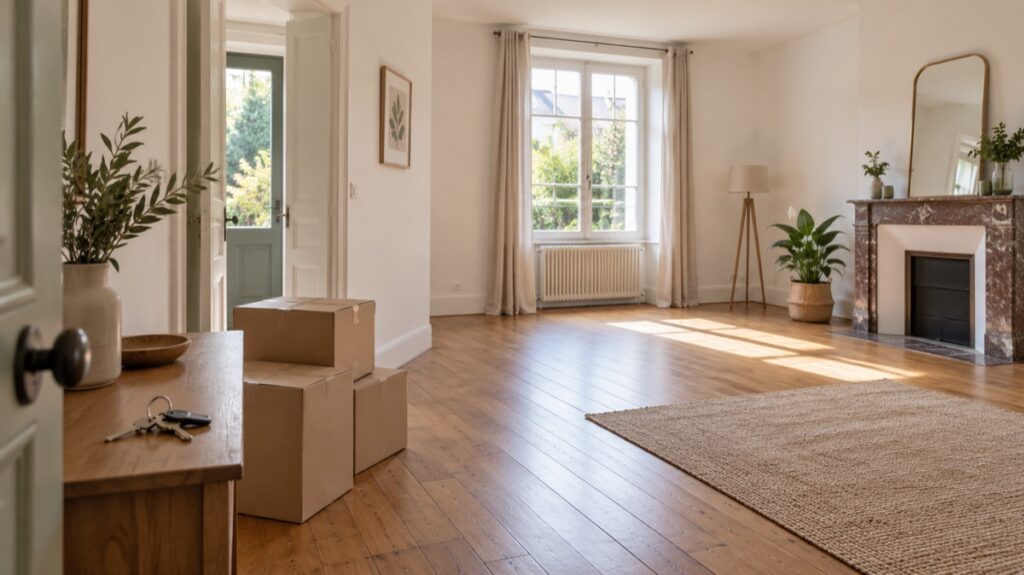 Salon presque vide avec cartons et clés avant une vente immobilière