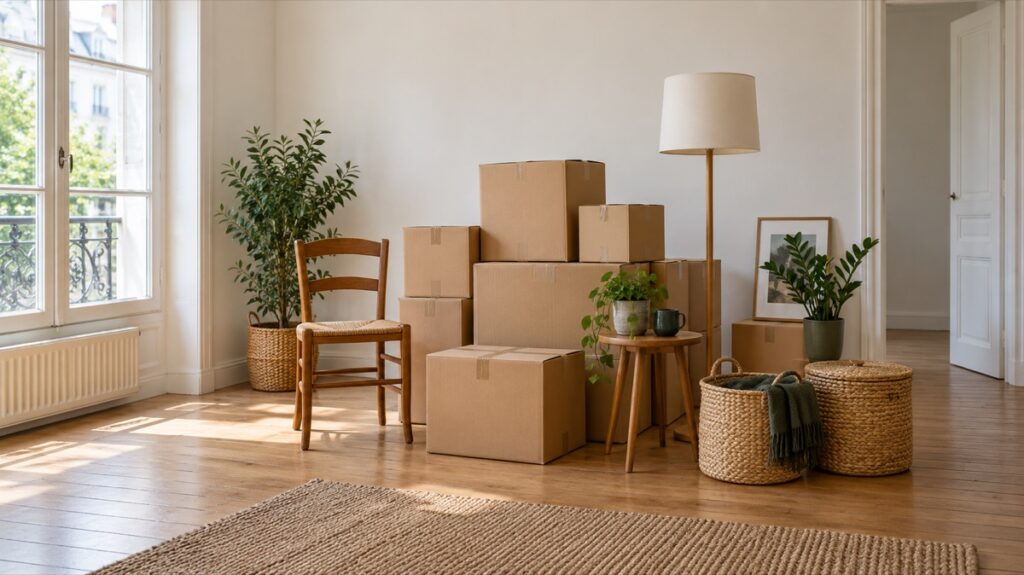 Cartons et mobilier regroupés dans une pièce pour estimer un volume de débarras